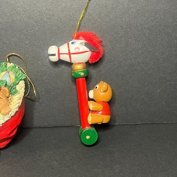 VTG Lot of 3 Ceramic & Wooden Bear Stocking & Riding Horse Christmas Ornaments - Picture 4 of 10